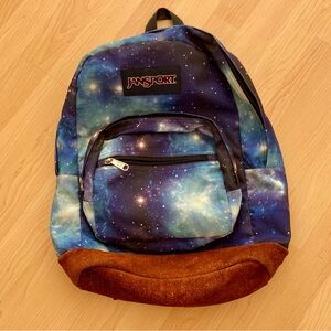 Jansport Backpack Cyberspace Galaxy Print with a Brown Suede Bottom School